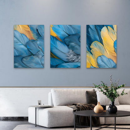 3pcs Modern Teal Blue Yellow Macaw Feather  Wall Art Set Canvas Framed 60x90cm - High Quality Print 100% Australian Made Wall Canvas Ready to Hang