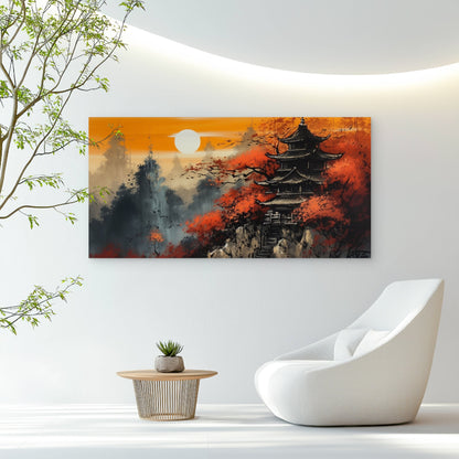Japanese Temple Sunset View Wall Art Canvas Office Home Room Framed 120x60cm