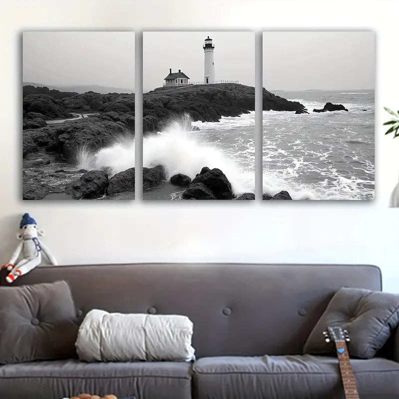 3pcs Lighthouse Nautical Black and White Wall Art Set Canvas Framed 40x60cm - High Quality Print 100% Australian Made Wall Canvas Ready to Hang