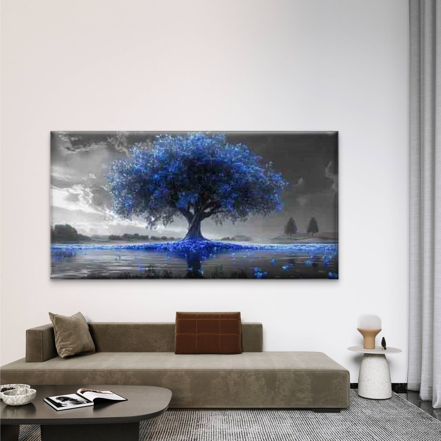 Lakeside Blue Flower Tree Wall Art Canvas Office Home Room Framed 120x60cm