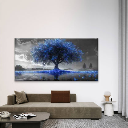 Lakeside Blue Flower Tree Wall Art Canvas Office Home Room Framed 120x60cm