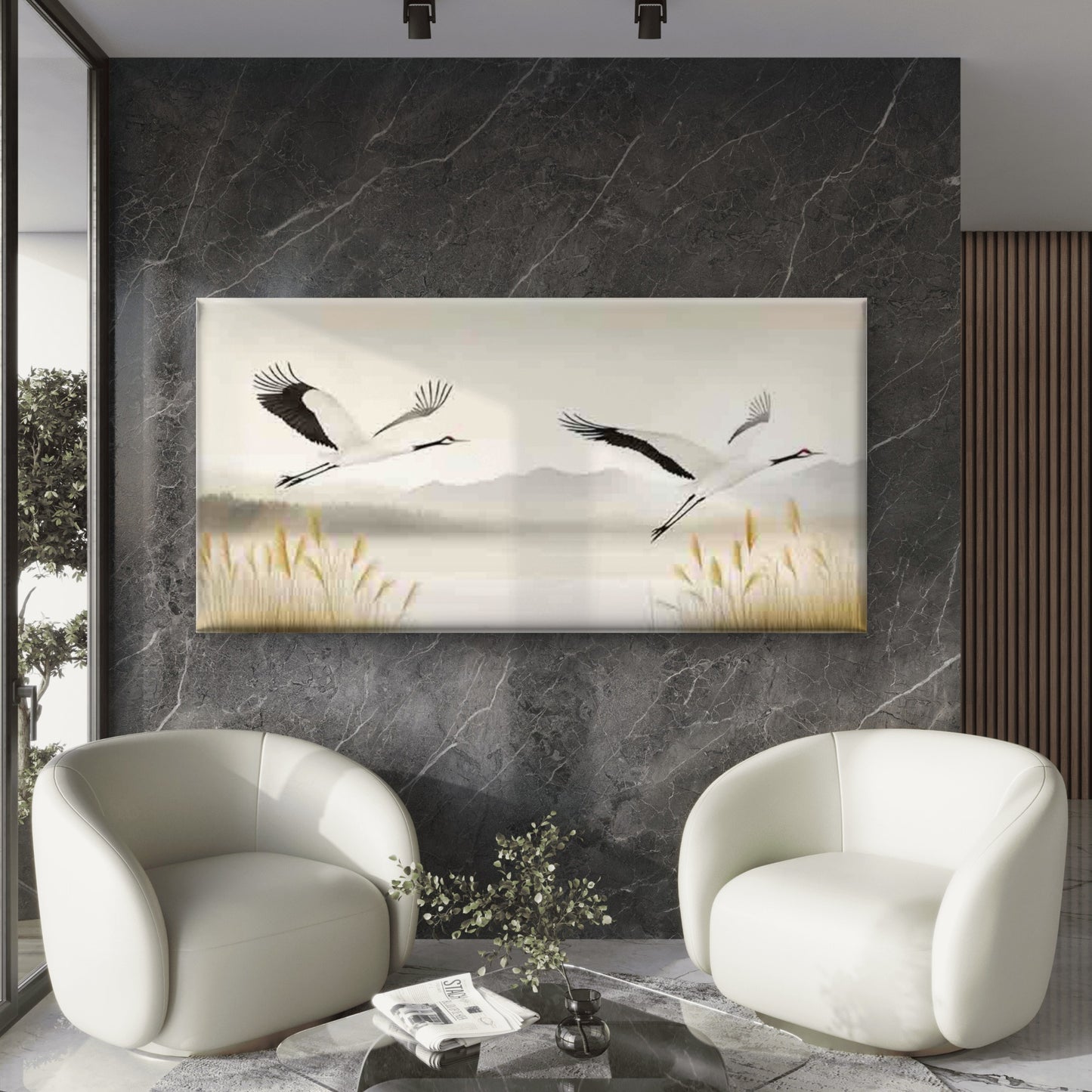 Elegant Cranes Landscape Wall Art Canvas Office Home Room Framed 120x60cm - Bella Home Decor