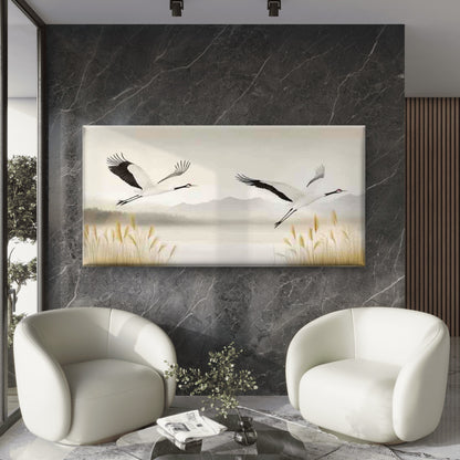 Elegant Cranes Landscape Wall Art Canvas Office Home Room Framed 120x60cm - Bella Home Decor