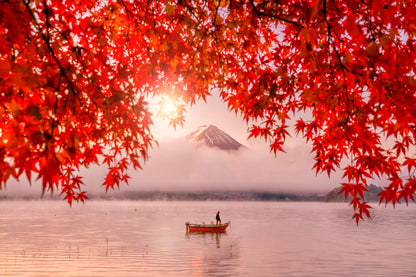 Red Autumn Leaves, Boat and Mountain Fuji Home Decor Premium Quality Poster Print Choose Your Sizes