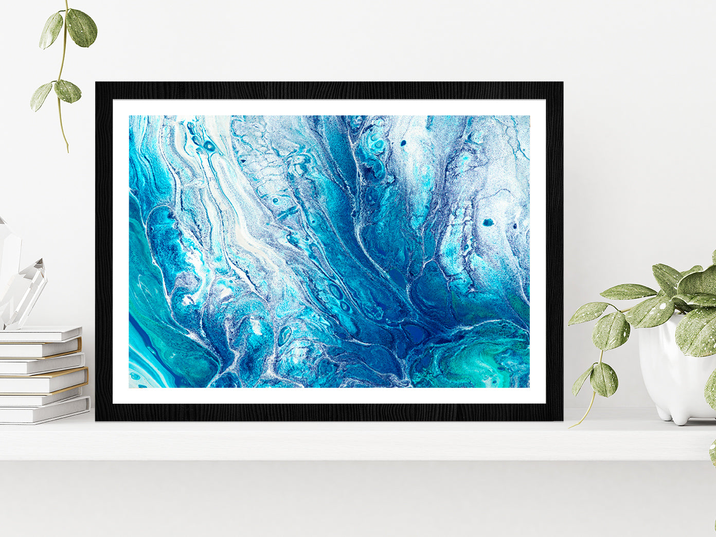 Blue Abstract Acrylic Paint Glass Framed Wall Art, Ready to Hang Quality Print With White Border Black