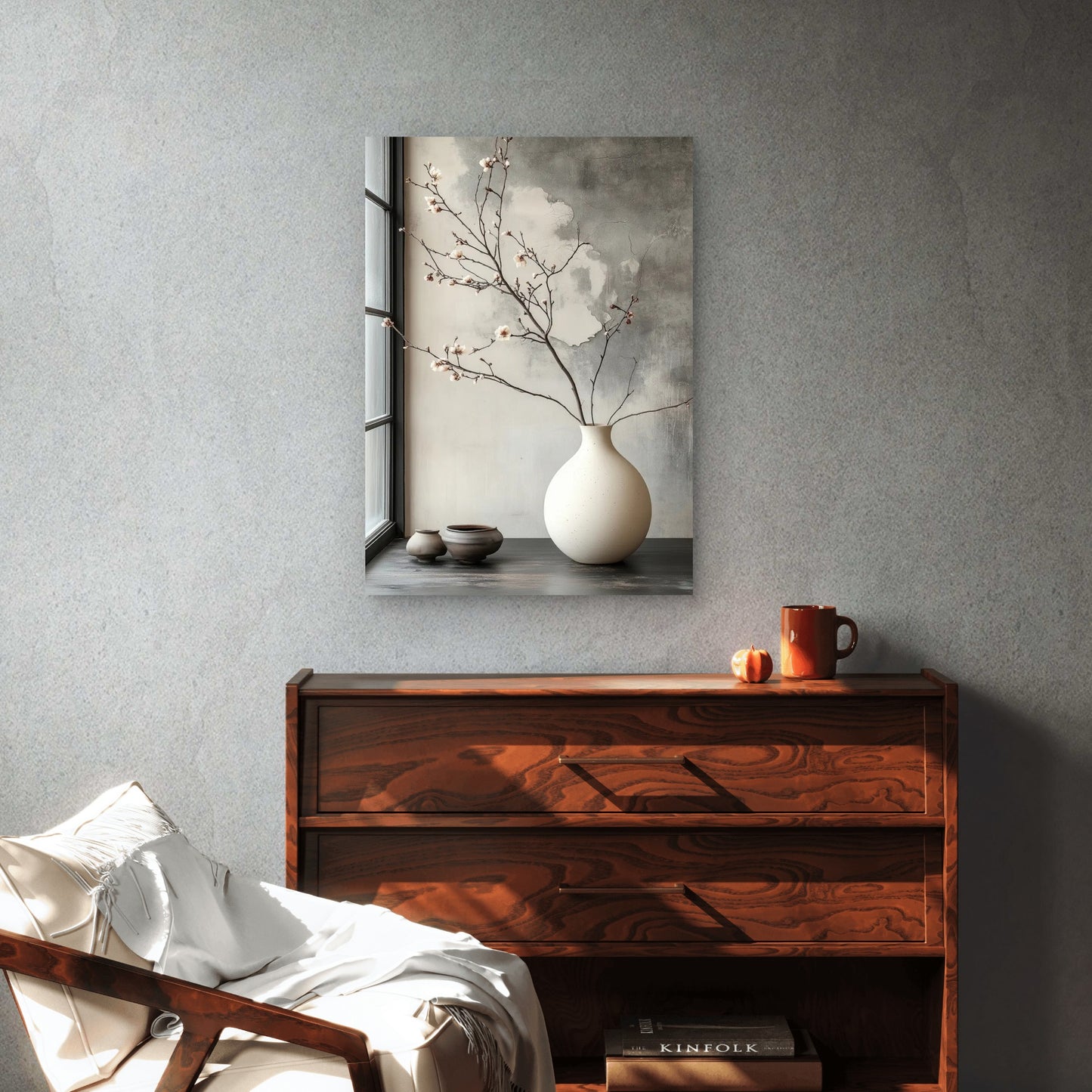 Plum Branch Round Ceramic Pot 40x60cm Metal Print Ready to Hang - Bella Home Decor
