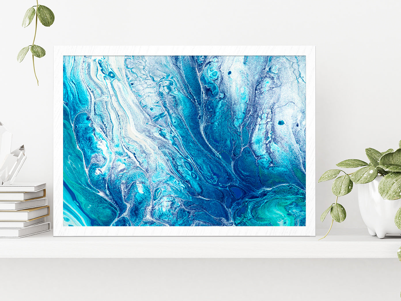 Blue Abstract Acrylic Paint Glass Framed Wall Art, Ready to Hang Quality Print Without White Border White