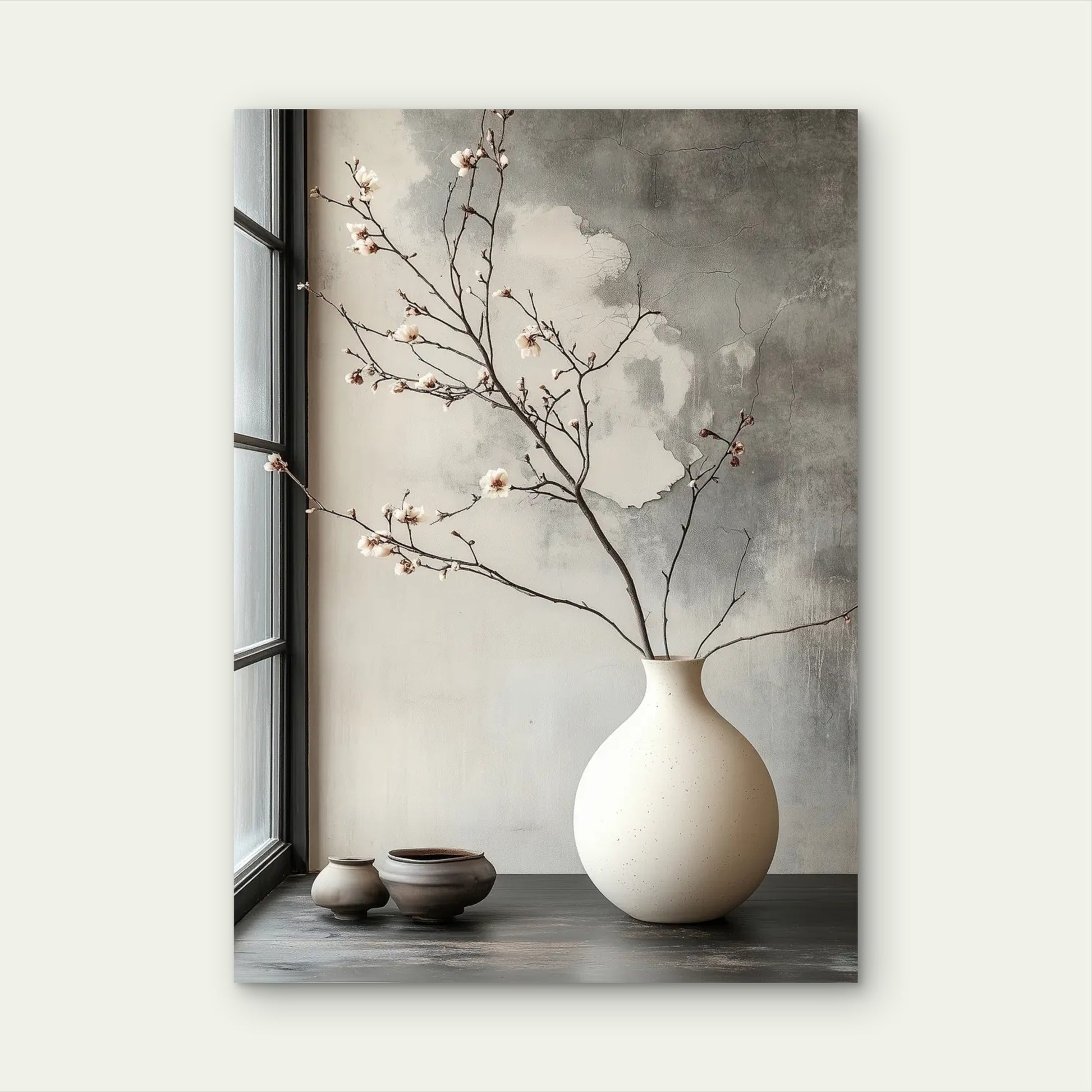 Plum Branch Round Ceramic Pot 60x90cm Metal Print Ready to Hang - Bella Home Decor
