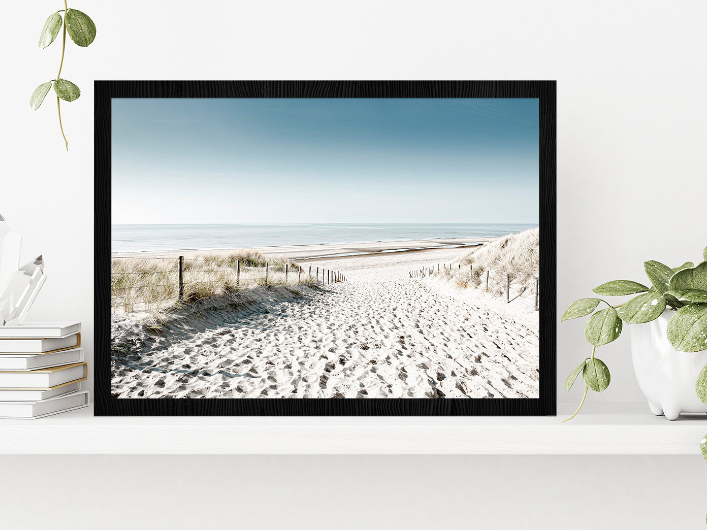 Sandy Path to Sea & Blue Sky Faded Photograph Glass Framed Wall Art, Ready to Hang Quality Print Without White Border Black