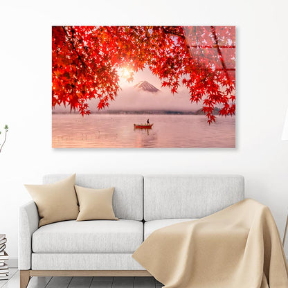 Red Autumn Leaves, Boat and Mountain Fuji Acrylic Glass Print Tempered Glass Wall Art 100% Made in Australia Ready to Hang - Bella Home Decor
