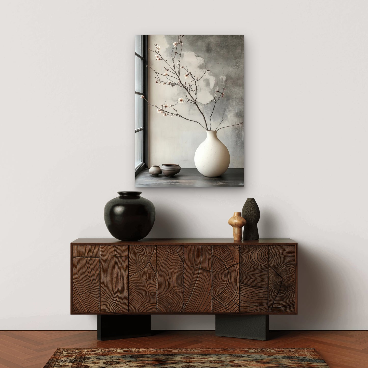 Plum Branch Round Ceramic Pot 40x60cm Metal Print Ready to Hang - Bella Home Decor