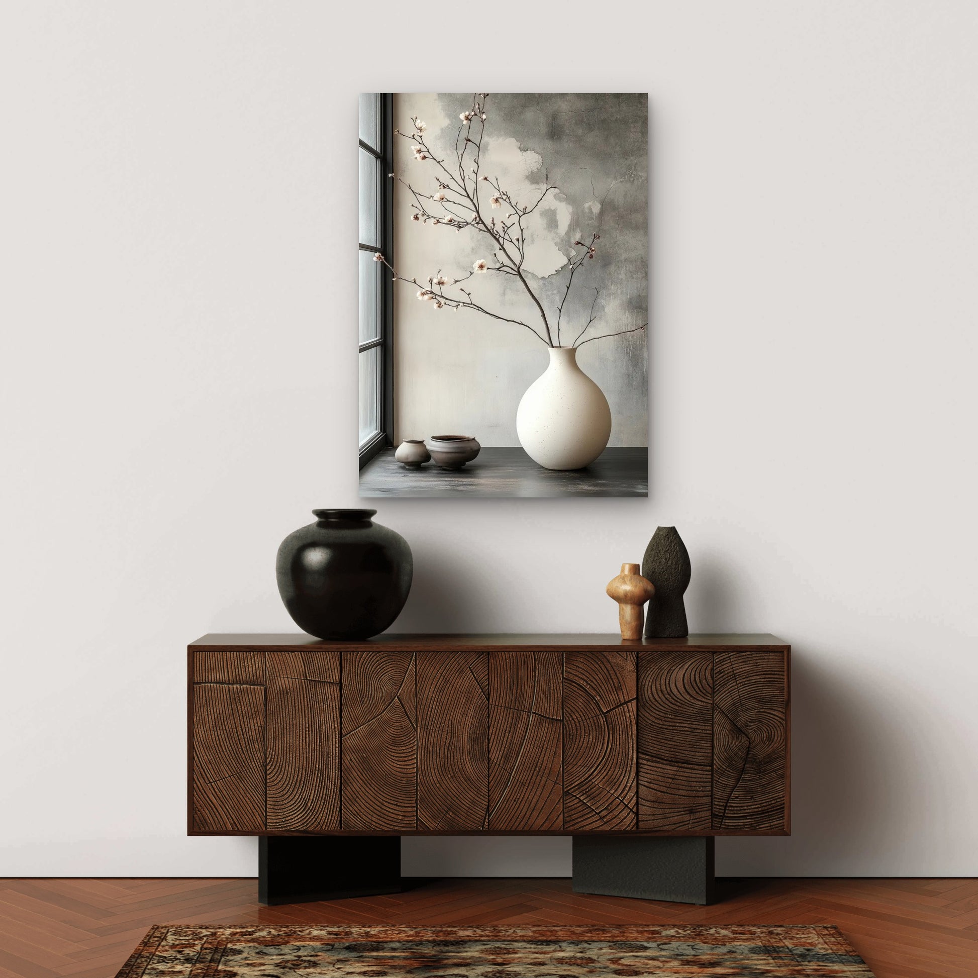 Plum Branch Round Ceramic Pot 40x60cm Metal Print Ready to Hang - Bella Home Decor