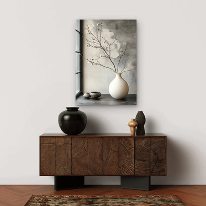 Plum Branch Round Ceramic Pot 40x60cm Metal Print Ready to Hang - Bella Home Decor