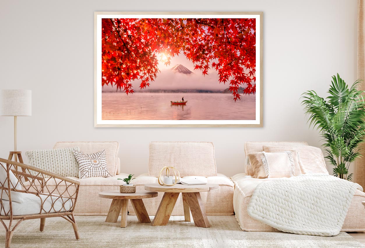 Red Autumn Leaves, Boat and Mountain Fuji Home Decor Premium Quality Poster Print Choose Your Sizes