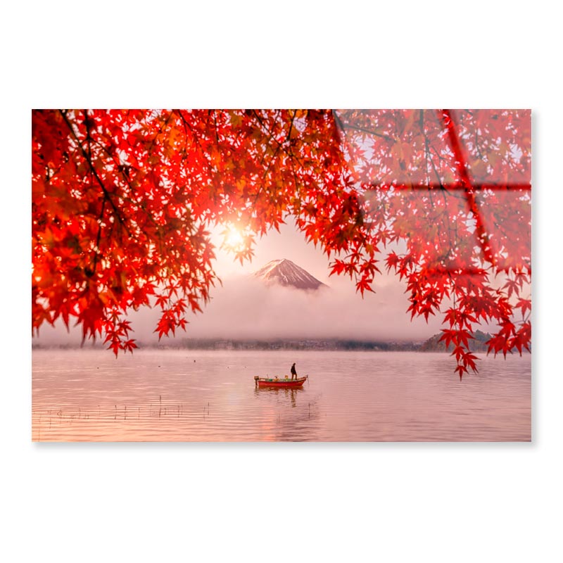 Red Autumn Leaves, Boat and Mountain Fuji Acrylic Glass Print Tempered Glass Wall Art 100% Made in Australia Ready to Hang - Bella Home Decor