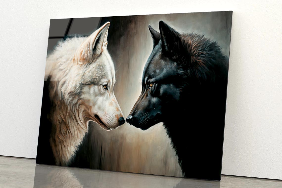 Two White and Black Wolves Facing Each Other Acrylic Glass Print Tempered Glass Wall Art 100% Made in Australia Ready to Hang