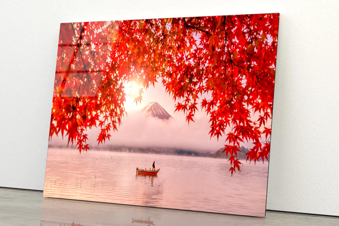 Red Autumn Leaves, Boat and Mountain Fuji Acrylic Glass Print Tempered Glass Wall Art 100% Made in Australia Ready to Hang - Bella Home Decor