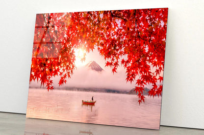 Red Autumn Leaves, Boat and Mountain Fuji Acrylic Glass Print Tempered Glass Wall Art 100% Made in Australia Ready to Hang - Bella Home Decor