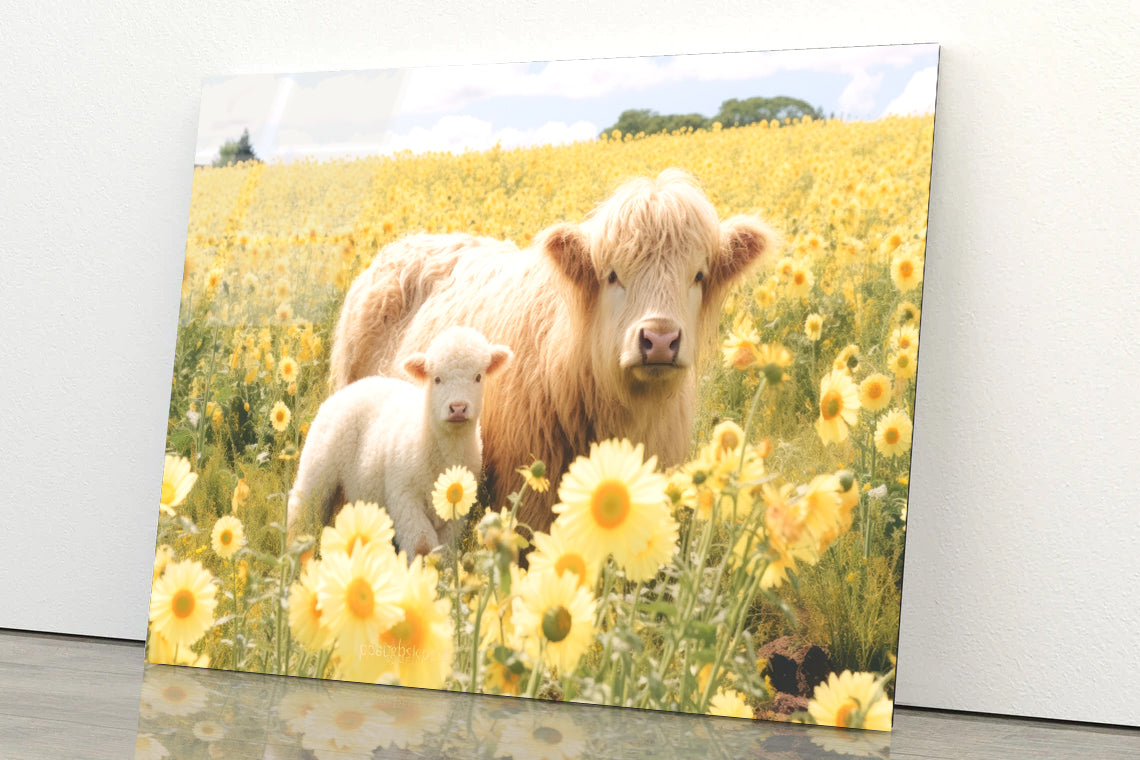 Two Baby Cows Standing In a Field Of Yellow Flowers Acrylic Glass Print Tempered Glass Wall Art 100% Made in Australia Ready to Hang