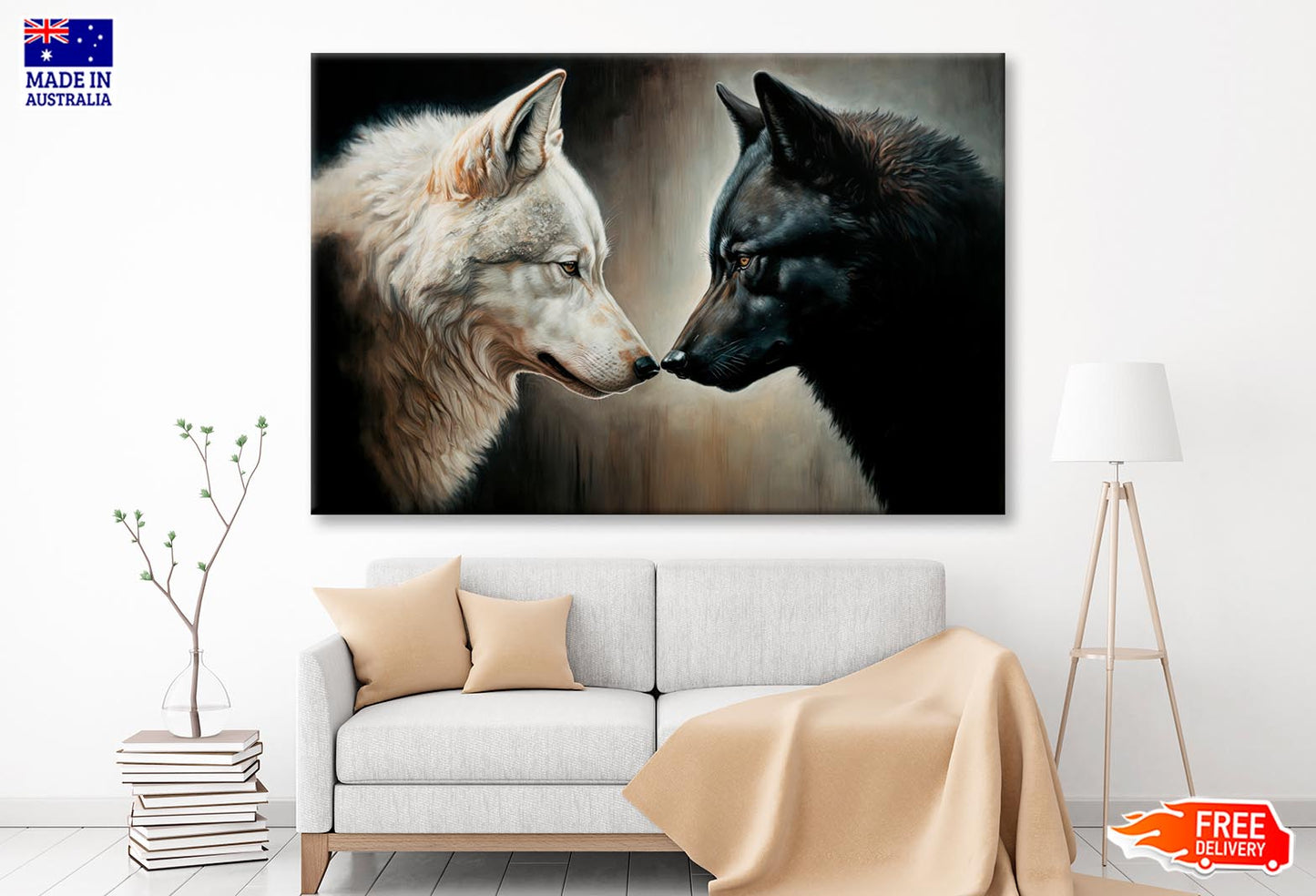 Two White and Black Wolves Facing Each Other Wall Art Decor 100% Australian Made - Bella Home Decor