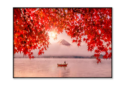 Red Autumn Leaves, Boat and Mountain Fuji Home Decor Premium Quality Poster Print Choose Your Sizes