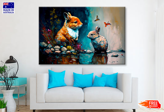 Cute Short Ear Rabbit With Nature Oil Painting Wall Art Limited Edition High Quality Print