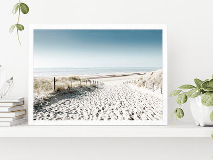 Sandy Path to Sea & Blue Sky Faded Photograph Glass Framed Wall Art, Ready to Hang Quality Print Without White Border White