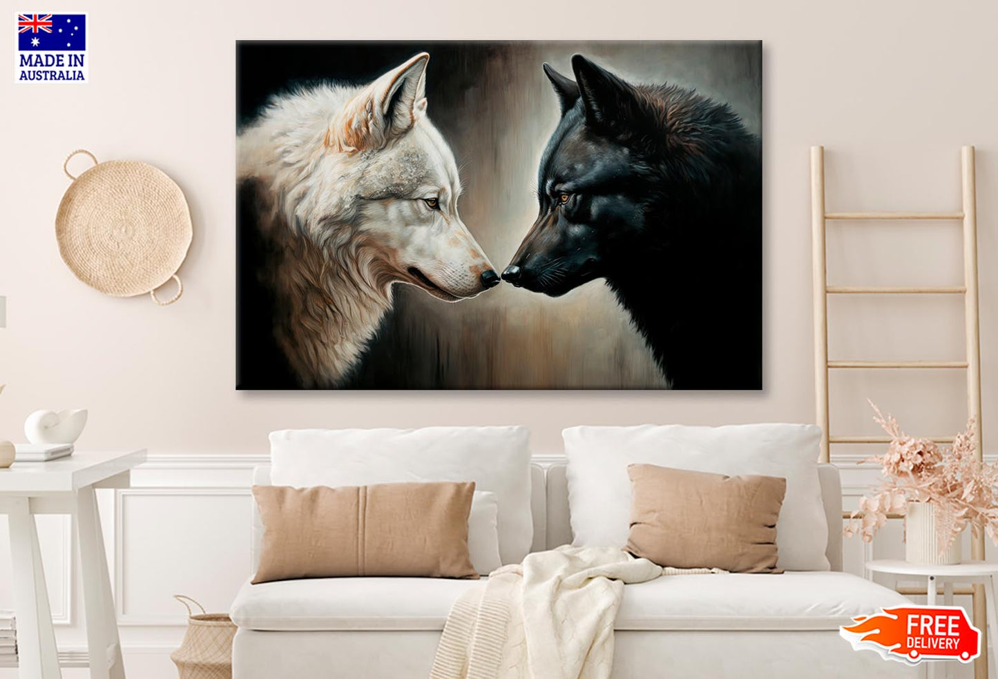 Two White and Black Wolves Facing Each Other Wall Art Decor 100% Australian Made - Bella Home Decor
