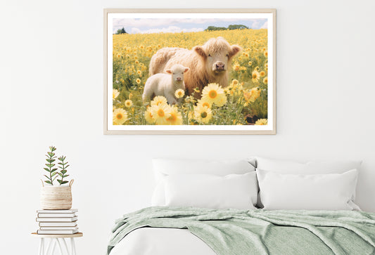 Two Baby Cows Standing In a Field Of Yellow Flowers Home Decor Premium Quality Poster Print Choose Your Sizes - Bella Home Decor