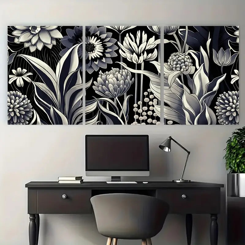 3pcs Geometric Floral Black and White Metal Print Ready to Hang Art