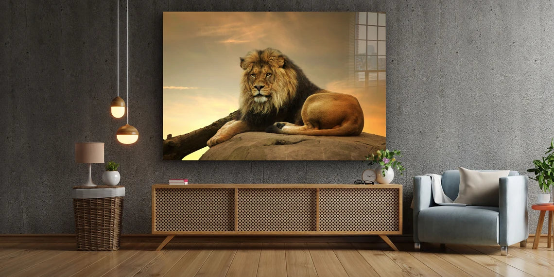 Lion on Rock Sunset Sky UV Direct Aluminum Print Australian Made Quality