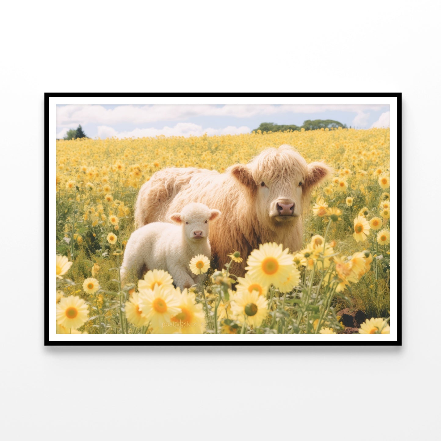 Two Baby Cows Standing In a Field Of Yellow Flowers Home Decor Premium Quality Poster Print Choose Your Sizes - Bella Home Decor