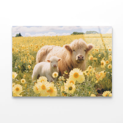 Two Baby Cows Standing In a Field Of Yellow Flowers Acrylic Glass Print Tempered Glass Wall Art 100% Made in Australia Ready to Hang