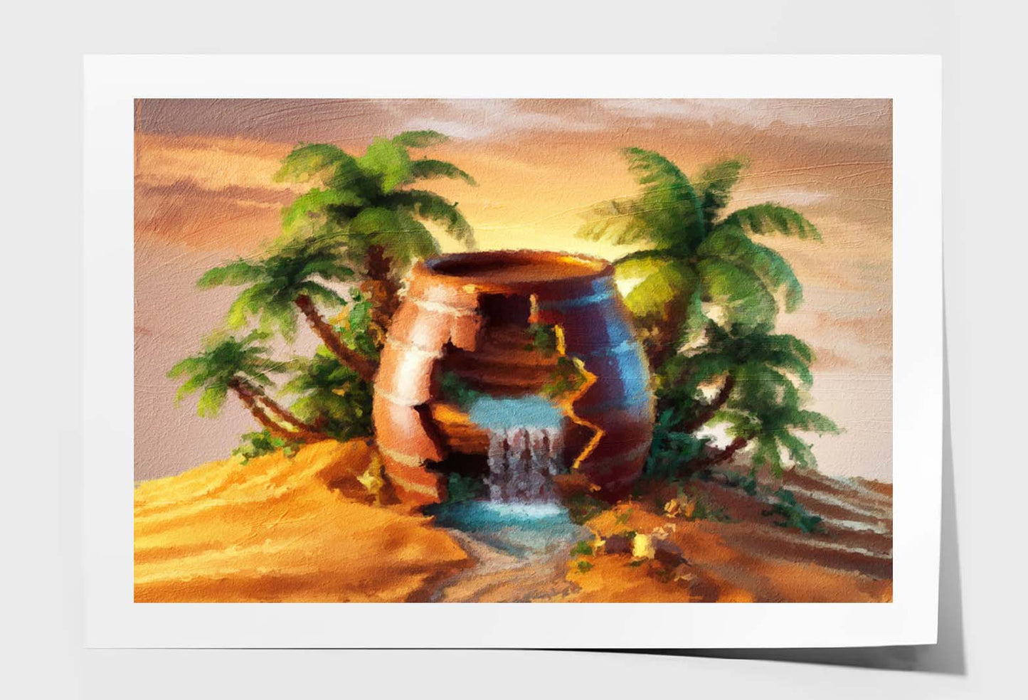 Painting of a Cracked Pottery Barrel Nestled In an Oasis Wall Art Limited Edition High Quality Print