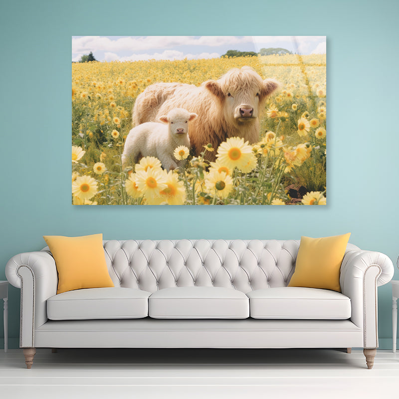 Two Baby Cows Standing In a Field Of Yellow Flowers Acrylic Glass Print Tempered Glass Wall Art 100% Made in Australia Ready to Hang