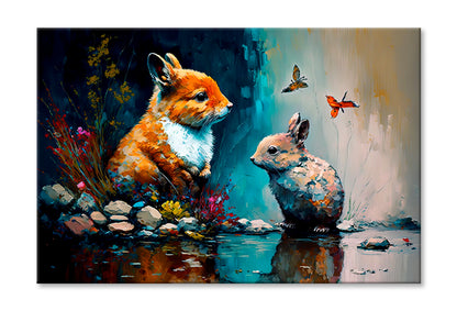 Cute Short Ear Rabbit With Nature Oil Painting Wall Art Limited Edition High Quality Print Stretched Canvas None