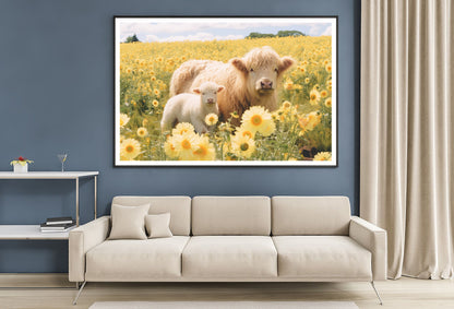 Two Baby Cows Standing In a Field Of Yellow Flowers Home Decor Premium Quality Poster Print Choose Your Sizes - Bella Home Decor