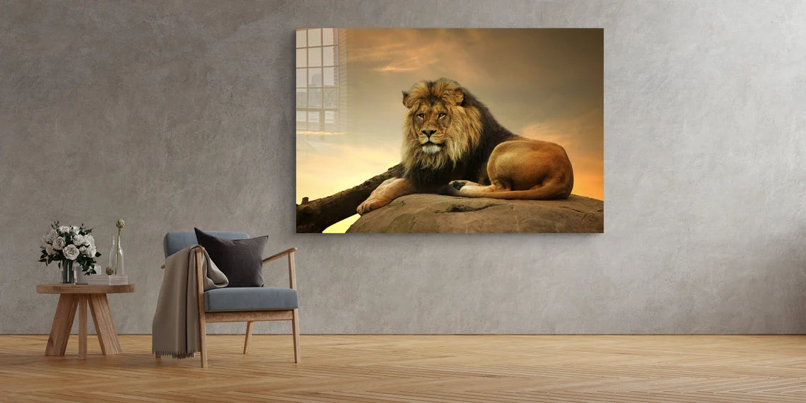 Lion on Rock Sunset Sky UV Direct Aluminum Print Australian Made Quality