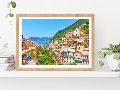 Vernazza Town By The Sea In Italy Glass Framed Wall Art, Ready to Hang Quality Print With White Border Oak