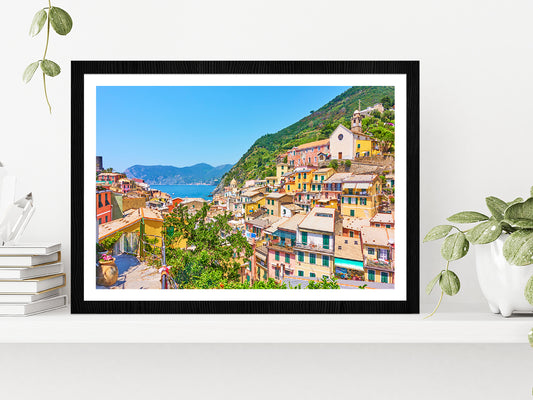 Vernazza Town By The Sea In Italy Glass Framed Wall Art, Ready to Hang Quality Print With White Border Black