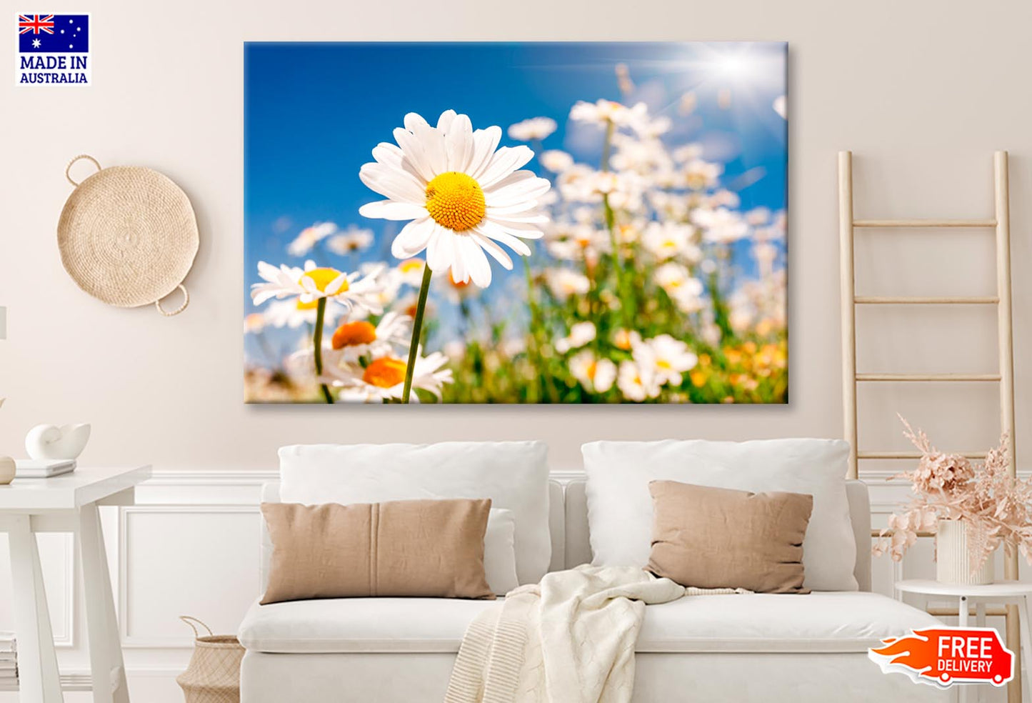 Summer Field With White Daisies on Blue Sky Wall Art Decor 100% Australian Made