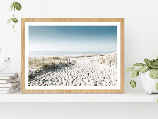 Sandy Path to Sea & Blue Sky Faded Photograph Glass Framed Wall Art, Ready to Hang Quality Print With White Border Oak