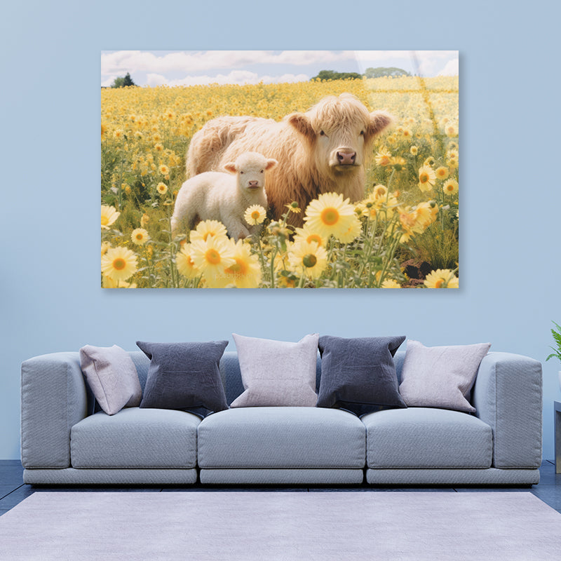 Two Baby Cows Standing In a Field Of Yellow Flowers Acrylic Glass Print Tempered Glass Wall Art 100% Made in Australia Ready to Hang