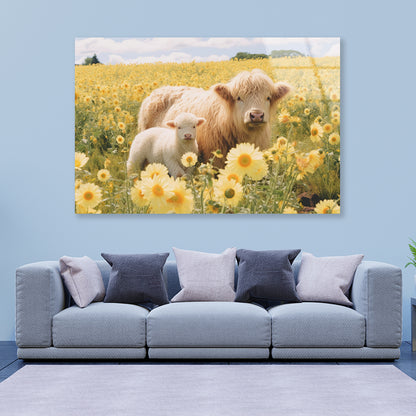 Two Baby Cows Standing In a Field Of Yellow Flowers Acrylic Glass Print Tempered Glass Wall Art 100% Made in Australia Ready to Hang