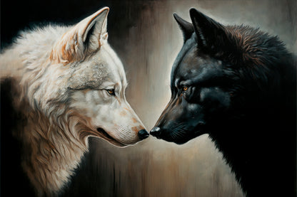 Two White and Black Wolves Facing Each Other Wall Art Decor 100% Australian Made - Bella Home Decor