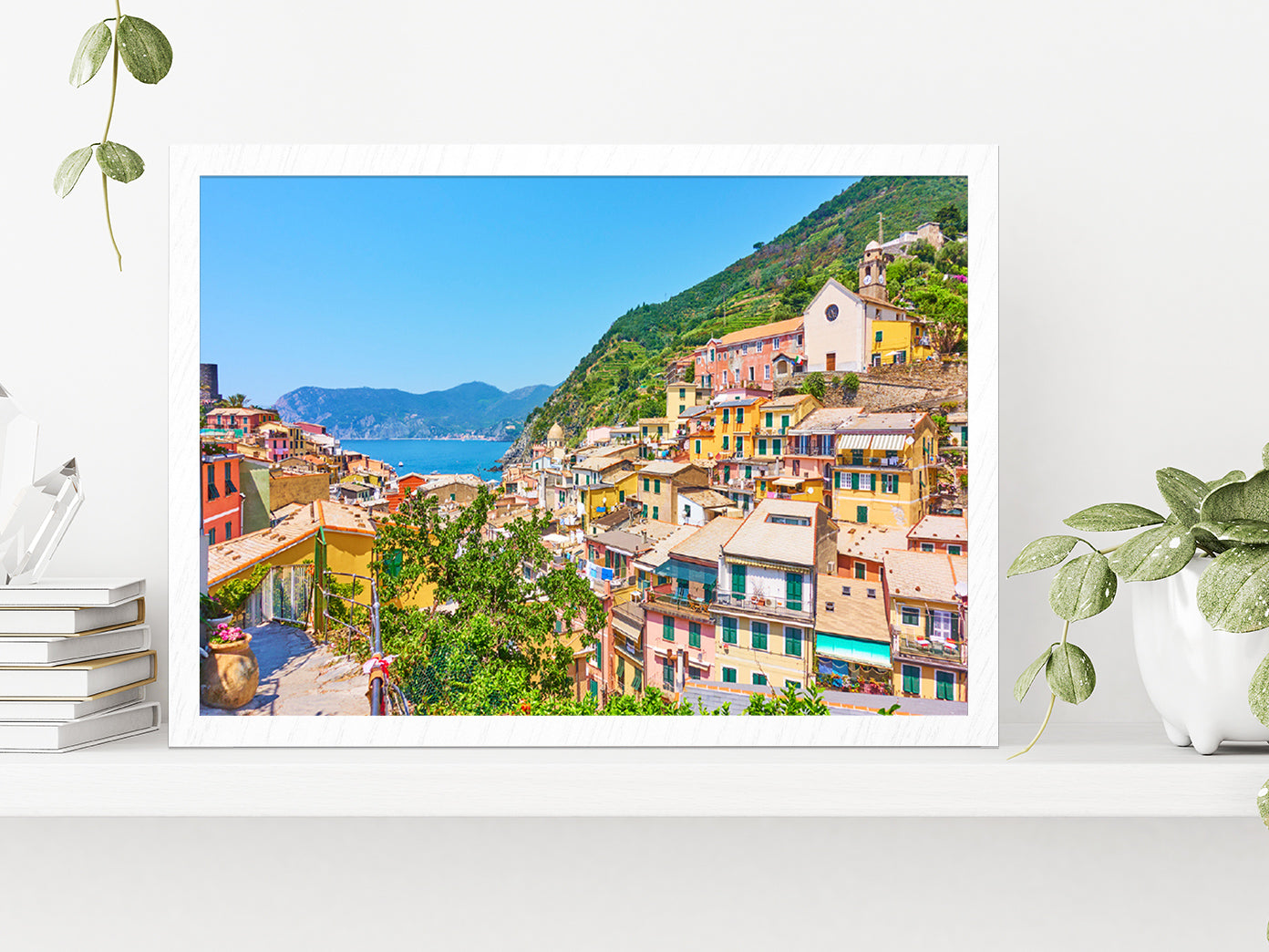 Vernazza Town By The Sea In Italy Glass Framed Wall Art, Ready to Hang Quality Print Without White Border White