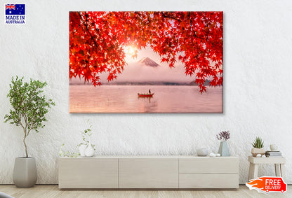 Red Autumn Leaves, Boat and Mountain Fuji Wall Art Decor 100% Australian Made