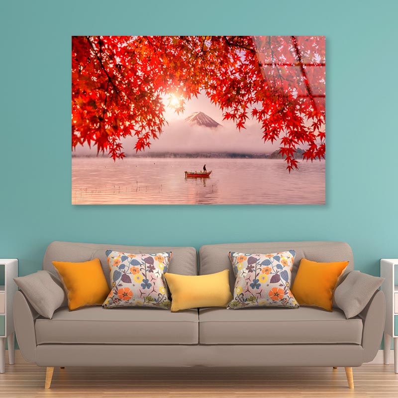 Red Autumn Leaves, Boat and Mountain Fuji Acrylic Glass Print Tempered Glass Wall Art 100% Made in Australia Ready to Hang - Bella Home Decor