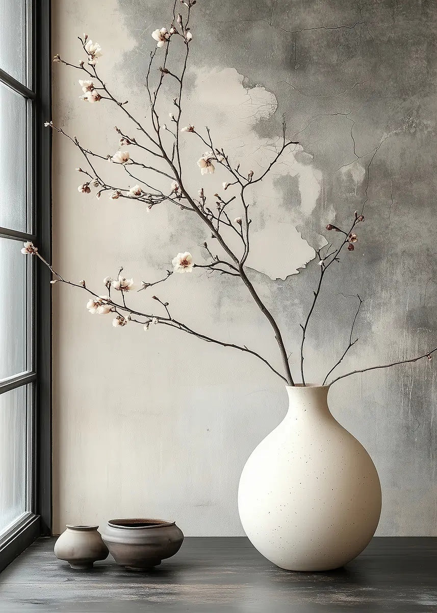 Plum Branch Round Ceramic Pot 40x60cm Metal Print Ready to Hang - Bella Home Decor