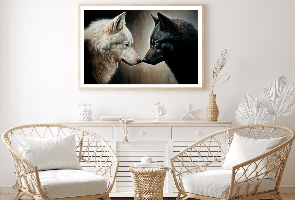 Two White and Black Wolves Facing Each Other Home Decor Premium Quality Poster Print Choose Your Sizes